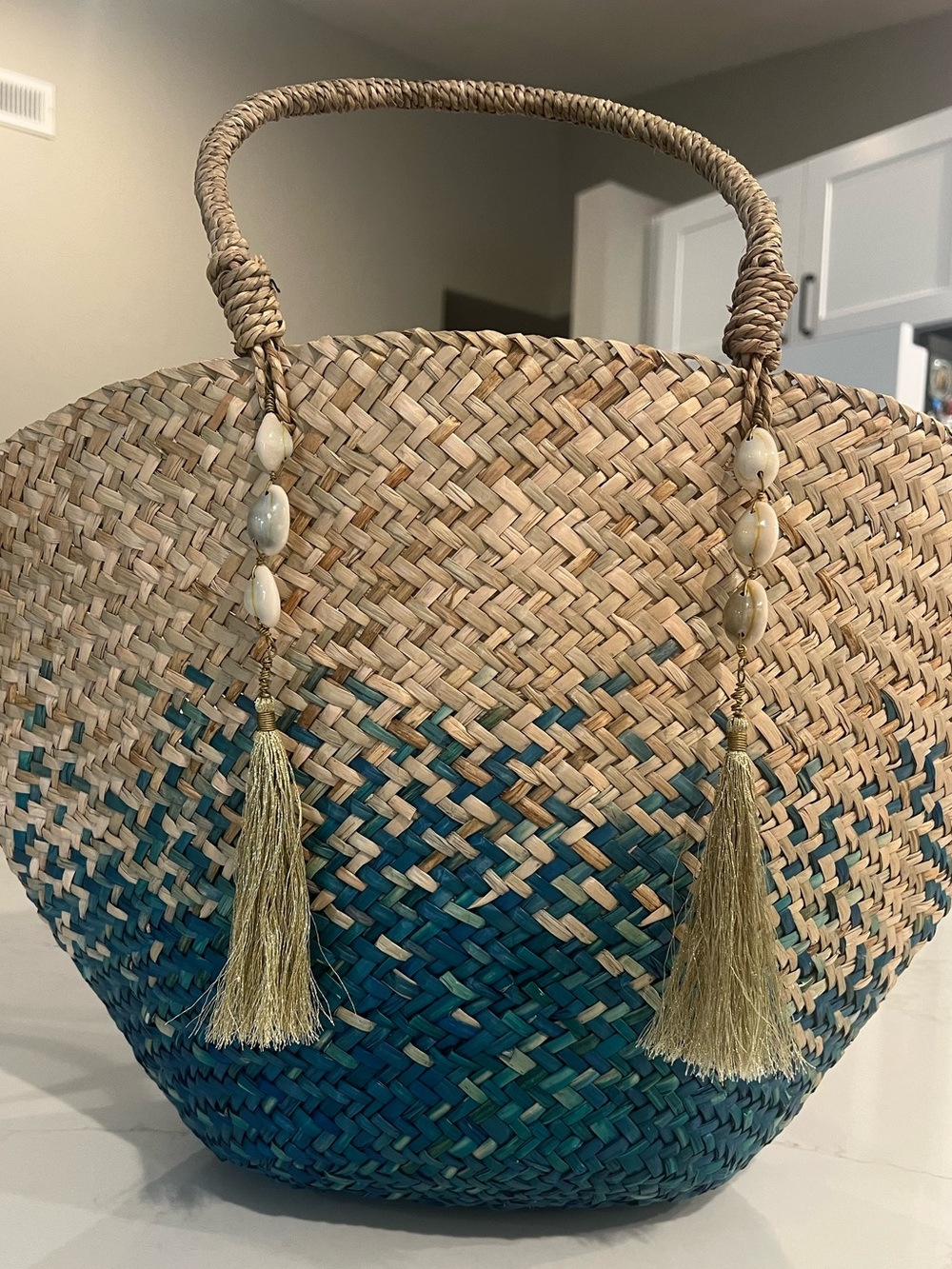 Flora Bella Teal Ombre Woven Straw Tote Shell Tassel Resort Beach Bag